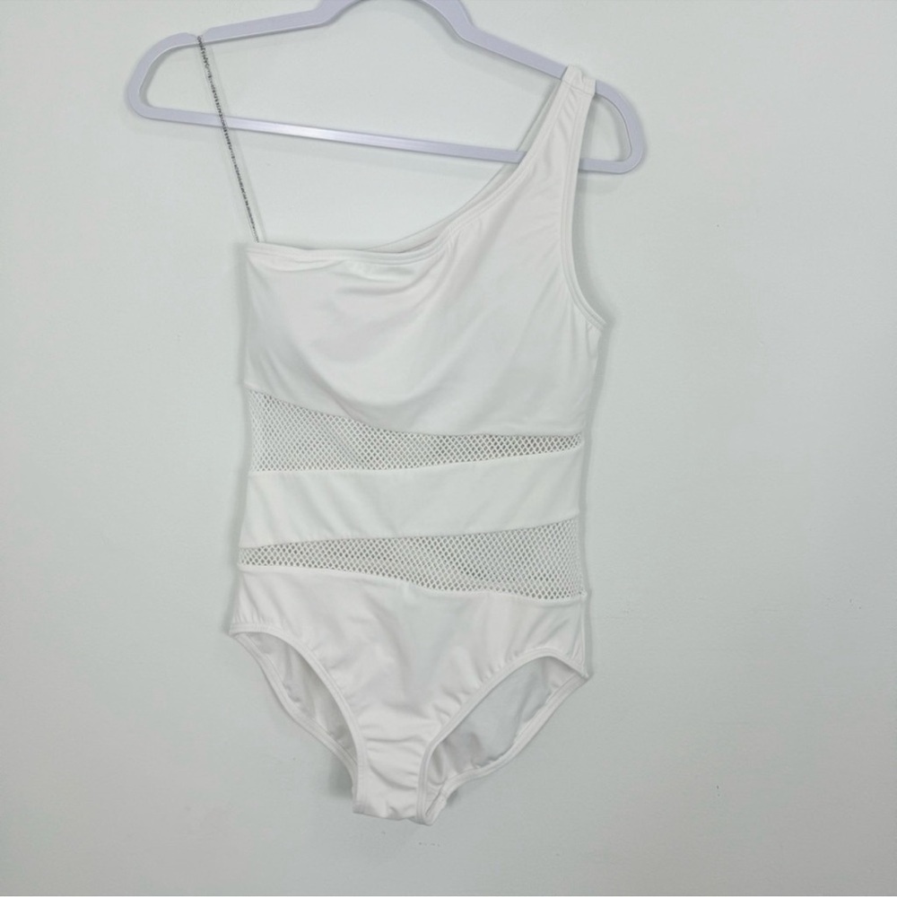 Carmen Marc Valvo White One-Shoulder Mesh Panel One-Piece Swimsuit Size 10 - Picture 2 of 8